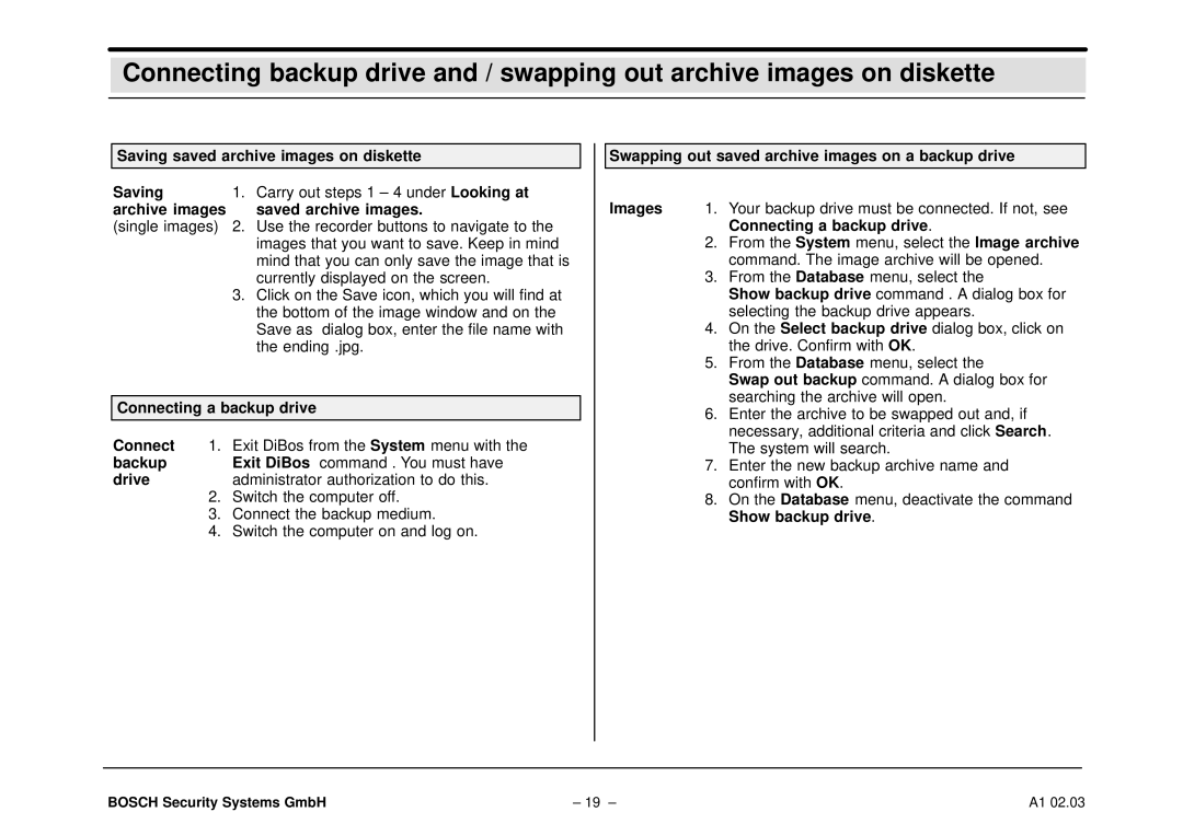 Bosch Appliances DiBos Saving saved archive images on diskette, Archive images Saved archive images, Backup, Drive 