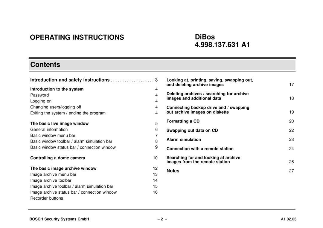 Bosch Appliances operating instructions Operating Instructions, DiBos 998.137.631 A1 Contents 