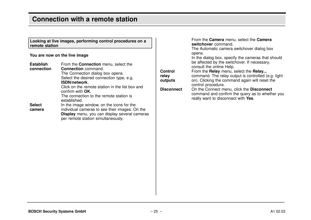 Bosch Appliances DiBos Connection Connection command, ISDN/network, Select, Switchover command, Control, Relay, Outputs 