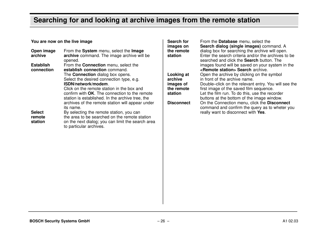 Bosch Appliances DiBos You are now on the live image Open image, Connection Establish connection command, Remote, Station 