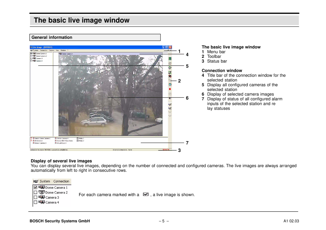 Bosch Appliances DiBos General information Basic live image window, Connection window, Display of several live images 