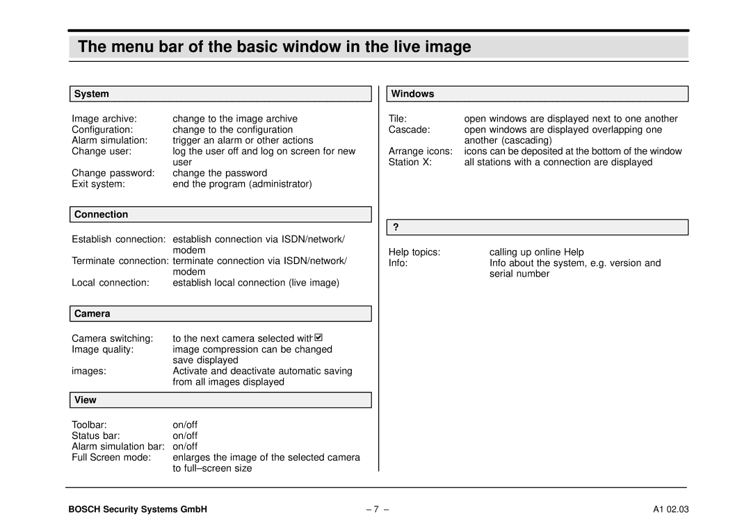 Bosch Appliances DiBos operating instructions Menu bar of the basic window in the live image 