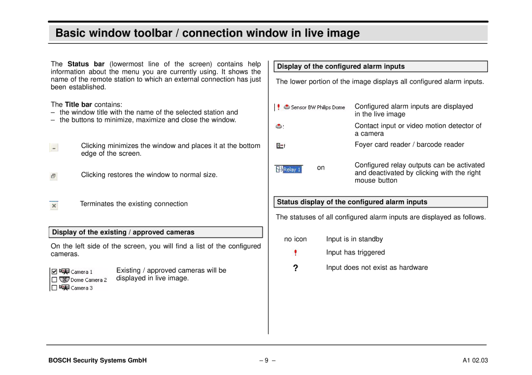 Bosch Appliances DiBos Basic window toolbar / connection window in live image, Display of the existing / approved cameras 