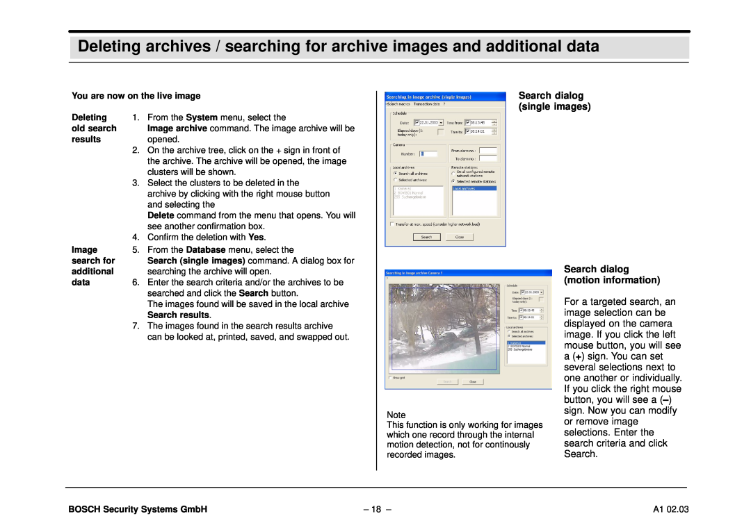 Bosch Appliances DiBos Deleting archives / searching for archive images and additional data, Search dialog single images 