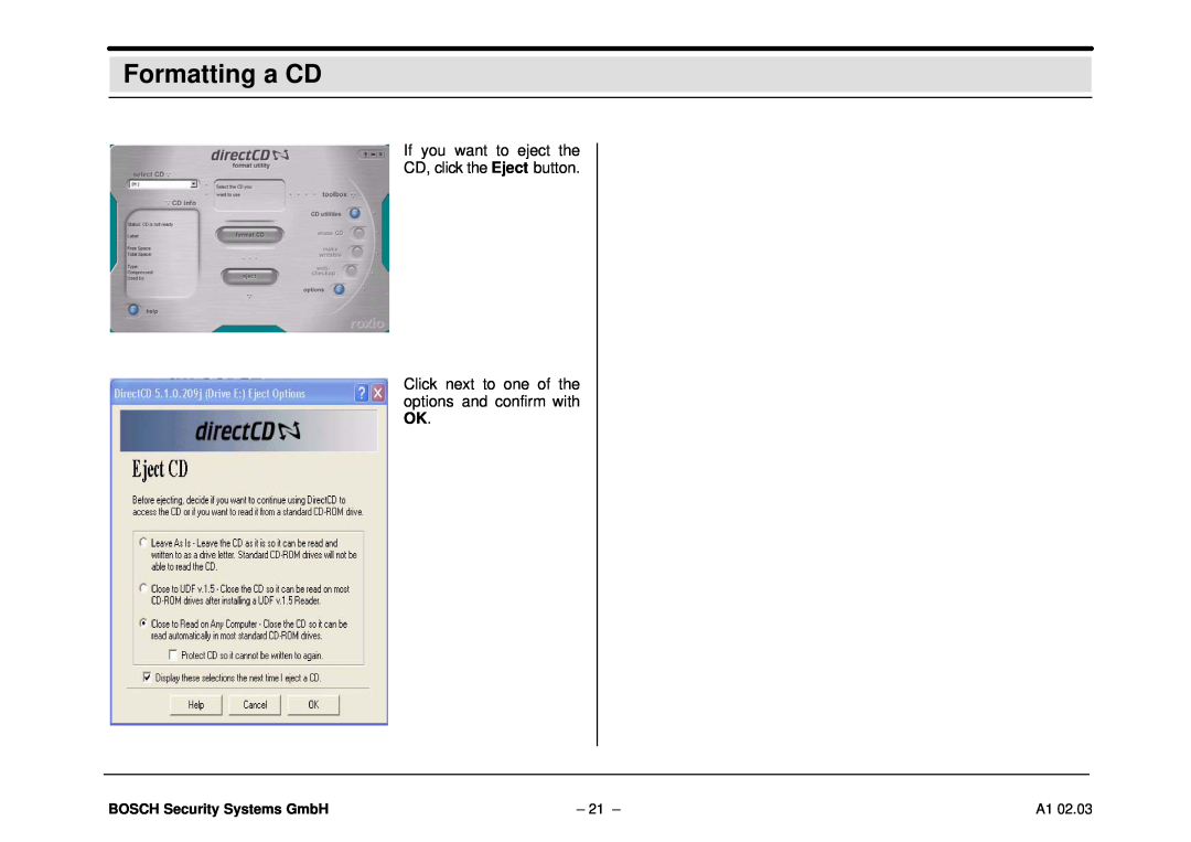 Bosch Appliances DiBos operating instructions Formatting a CD, If you want to eject the CD, click the Eject button 