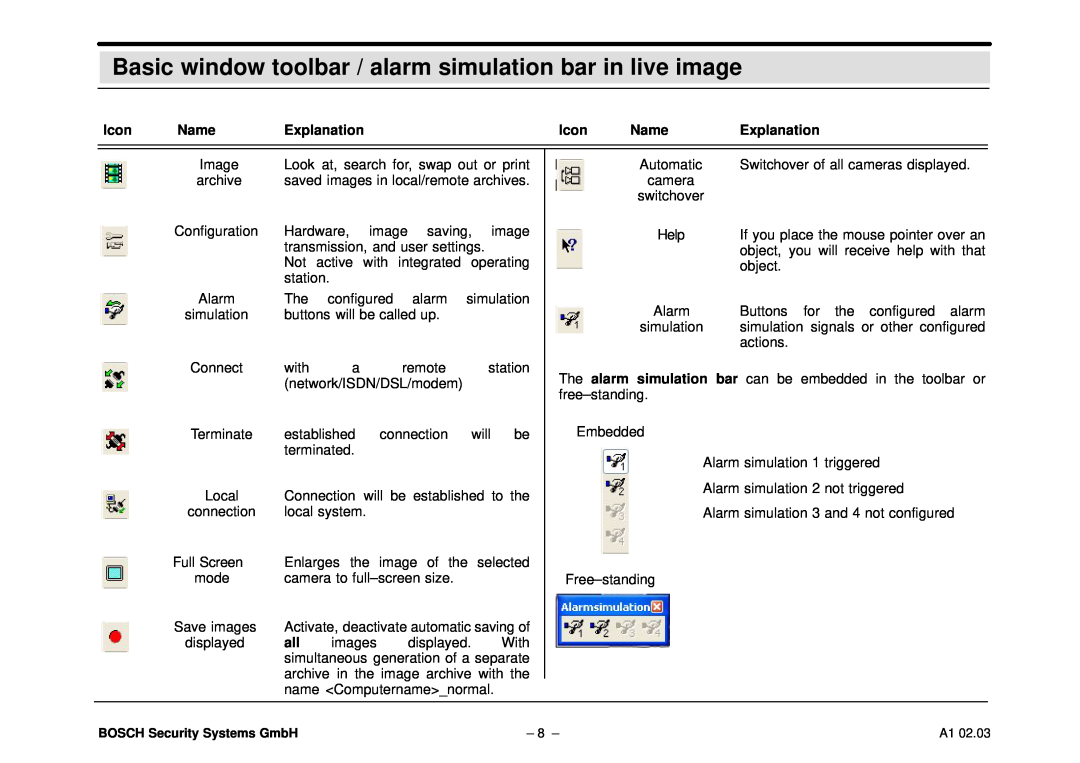 Bosch Appliances DiBos operating instructions Basic window toolbar / alarm simulation bar in live image, Full Screen 