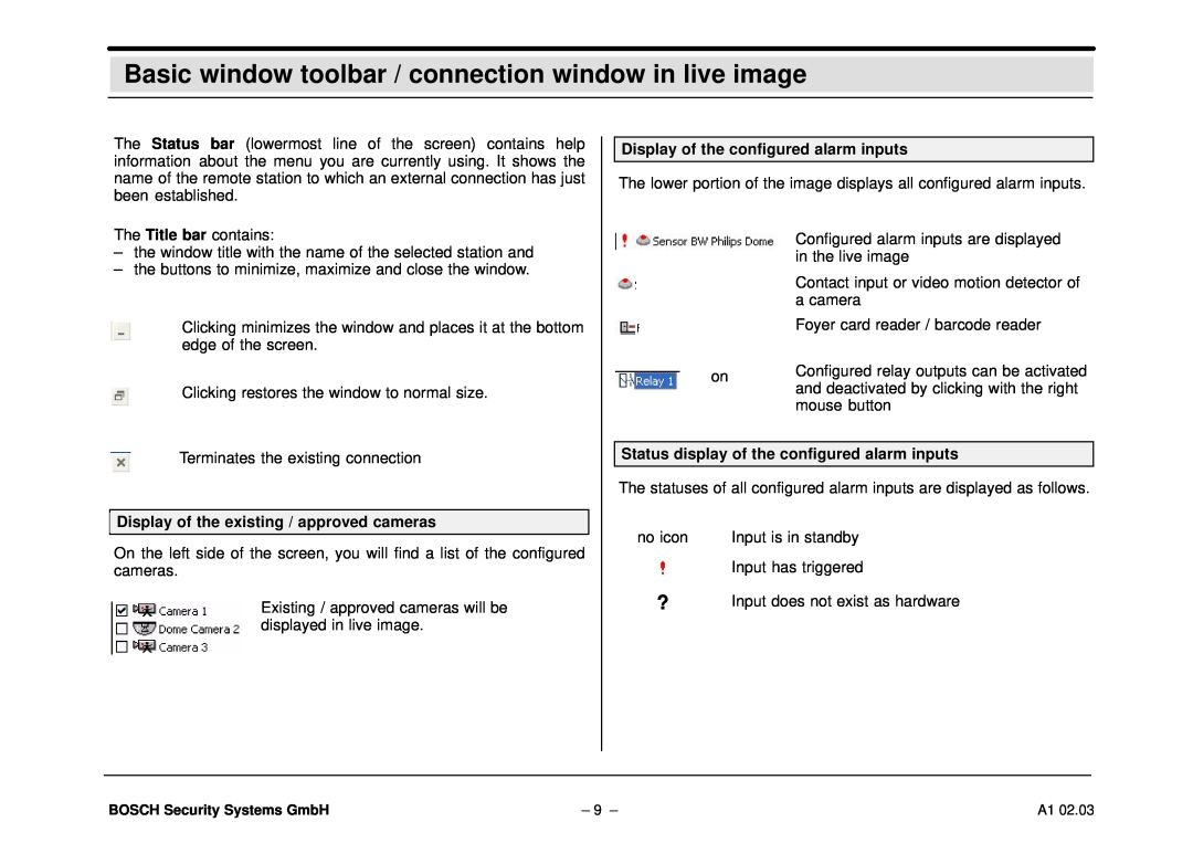Bosch Appliances DiBos Basic window toolbar / connection window in live image, Display of the existing / approved cameras 