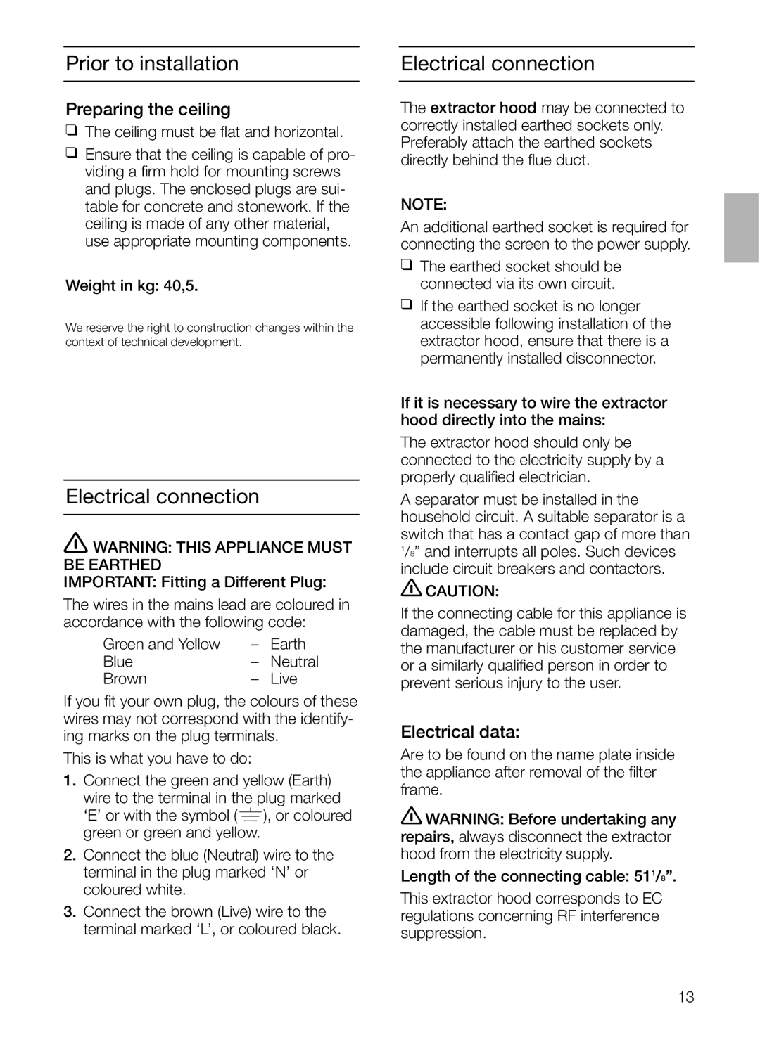 Bosch Appliances DIE 165 R manual Electrical connection, Preparing the ceiling, Electrical data 