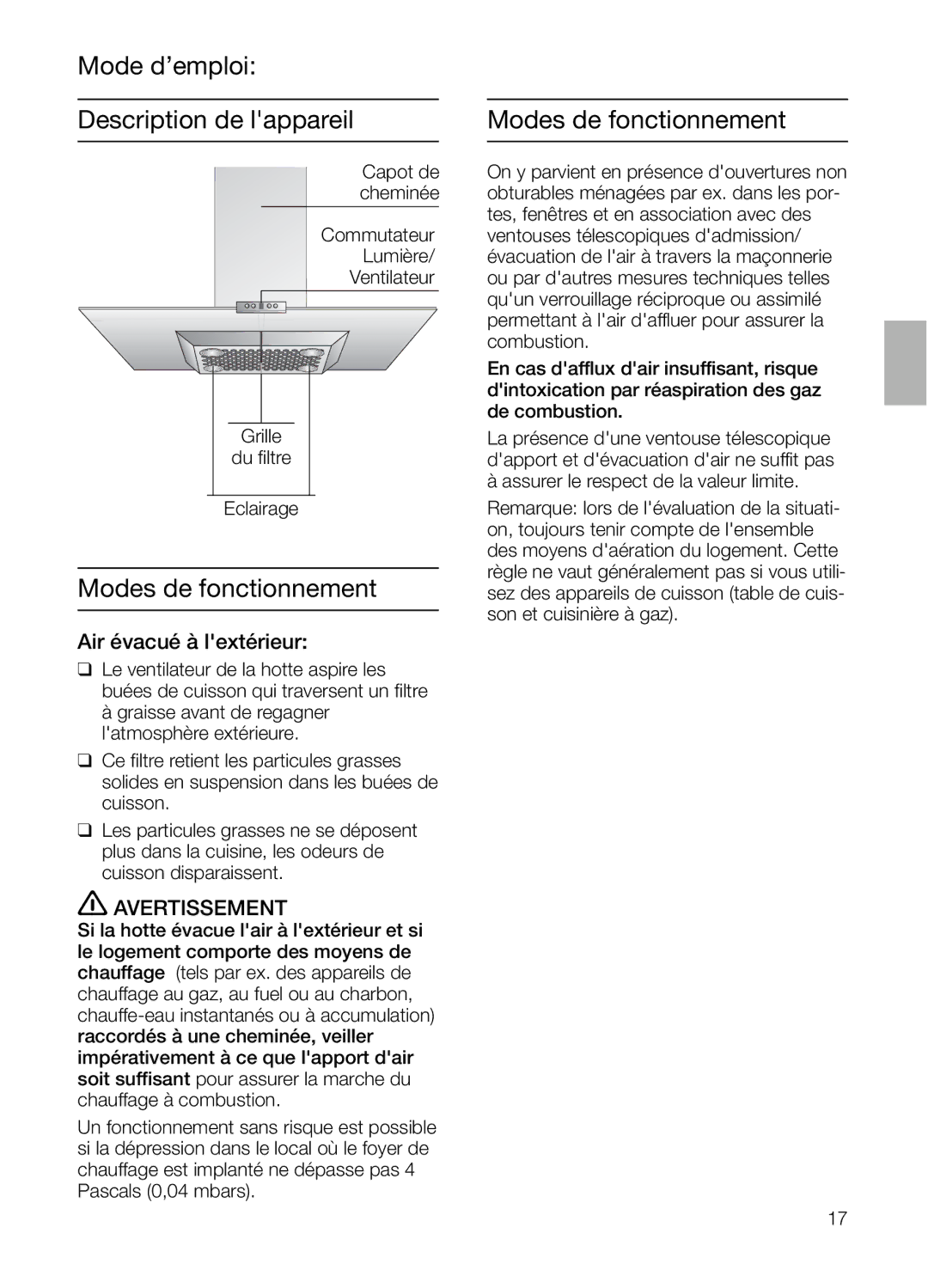 Bosch Appliances DIE 165 R manual Mode d’emploi Description de lappareil, Modes de fonctionnement, Air évacué à lextérieur 