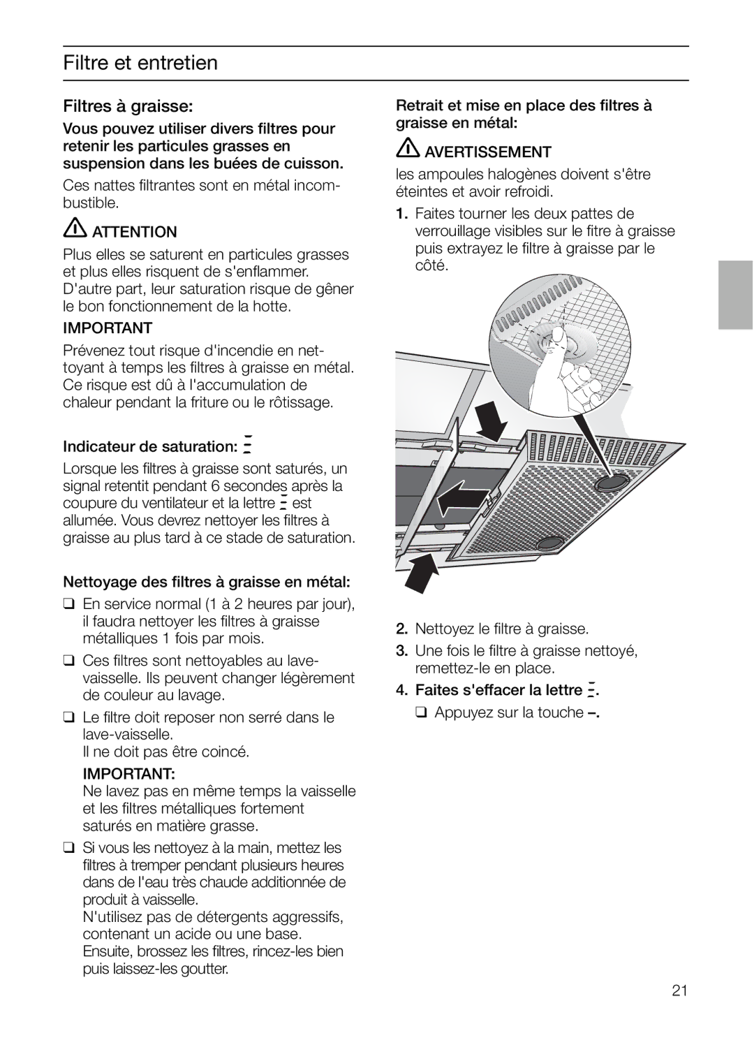 Bosch Appliances DIE 165 R manual Filtre et entretien, Filtres à graisse, Avertissement 