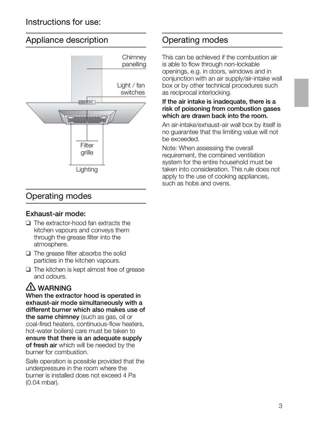 Bosch Appliances DIE 165 R manual Instructions for use Appliance description, Operating modes, Exhaust-air mode 