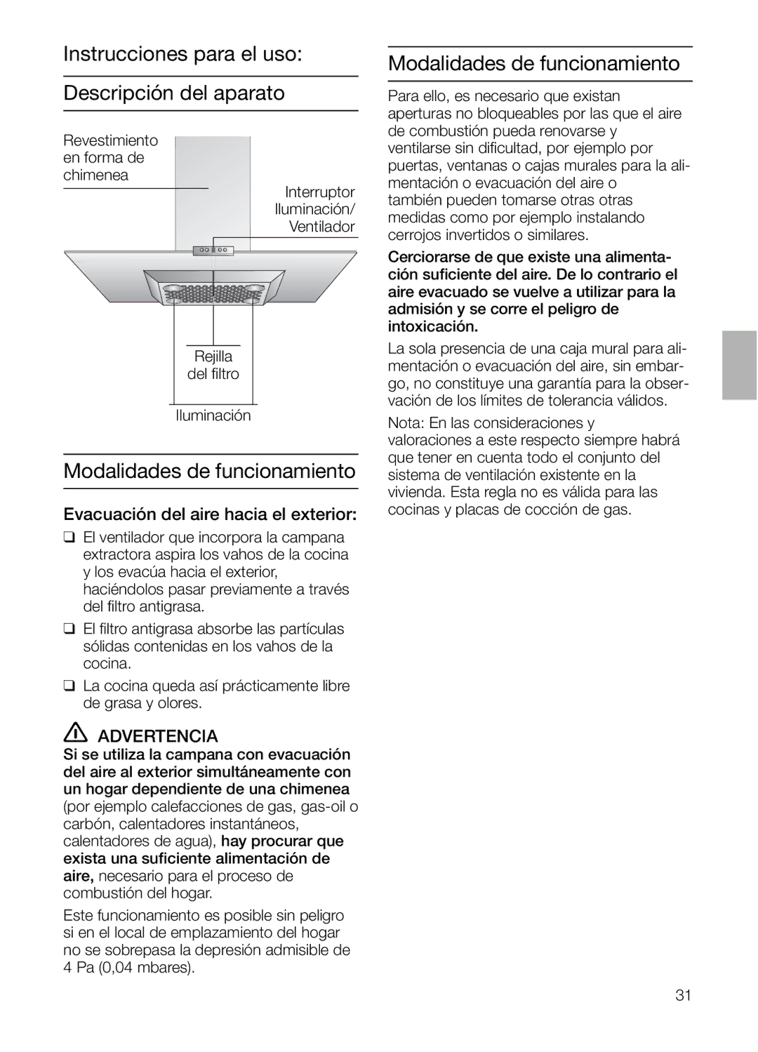 Bosch Appliances DIE 165 R Instrucciones para el uso Descripción del aparato, Modalidades de funcionamiento, Advertencia 