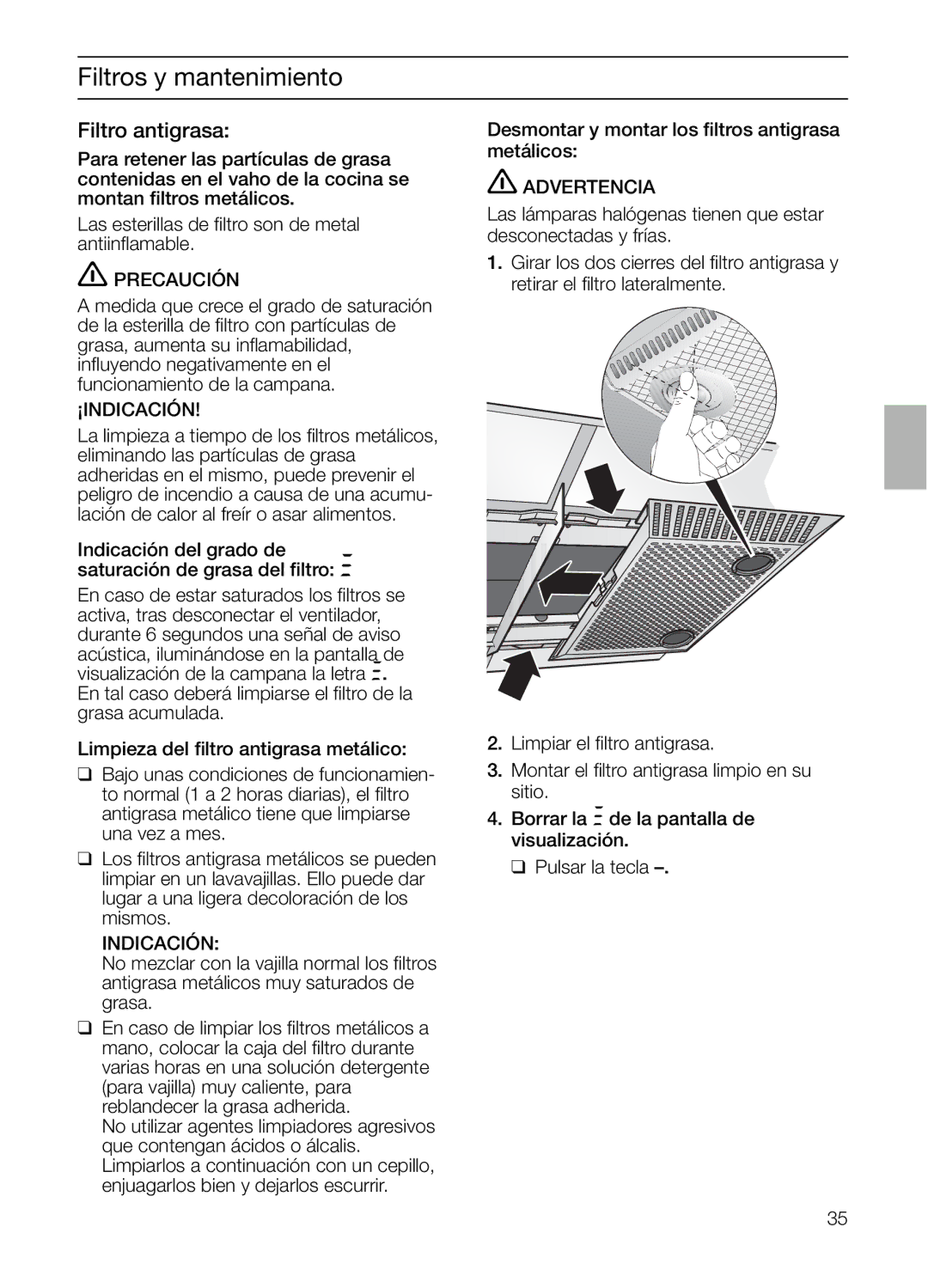 Bosch Appliances DIE 165 R manual Filtros y mantenimiento, Filtro antigrasa 