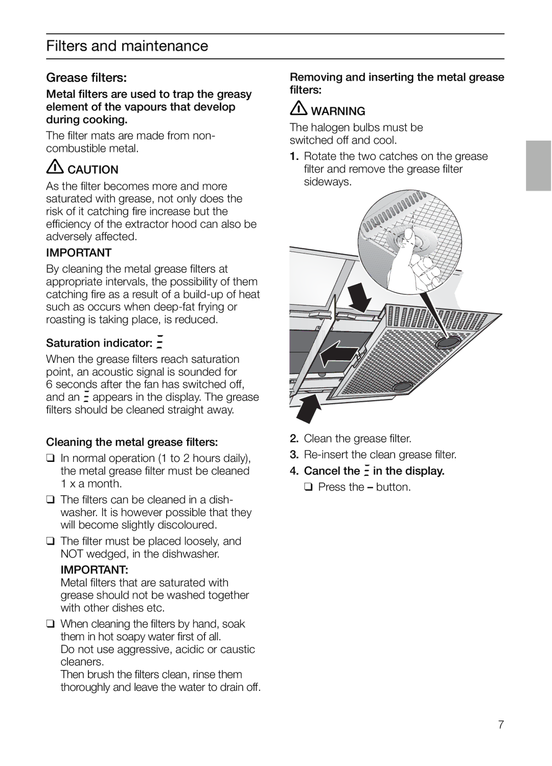 Bosch Appliances DIE 165 R manual Filters and maintenance, Grease ﬁlters, Saturation indicator # 