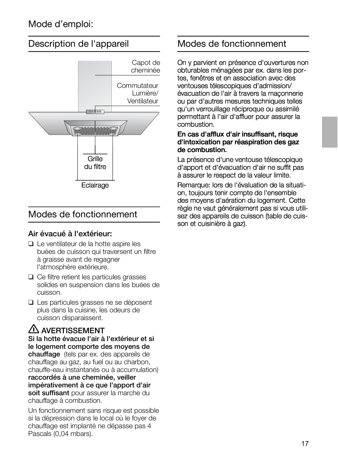 Bosch Appliances DIE 165 R manual Mode d’emploi Description de lappareil, Modes de fonctionnement, Air évacué à lextérieur 