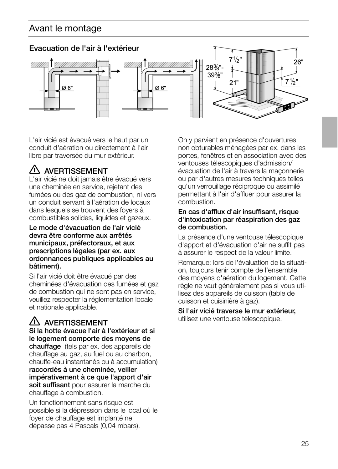 Bosch Appliances DIE 165 R manual Avant le montage, Evacuation de lair à lextérieur, Avertissement 