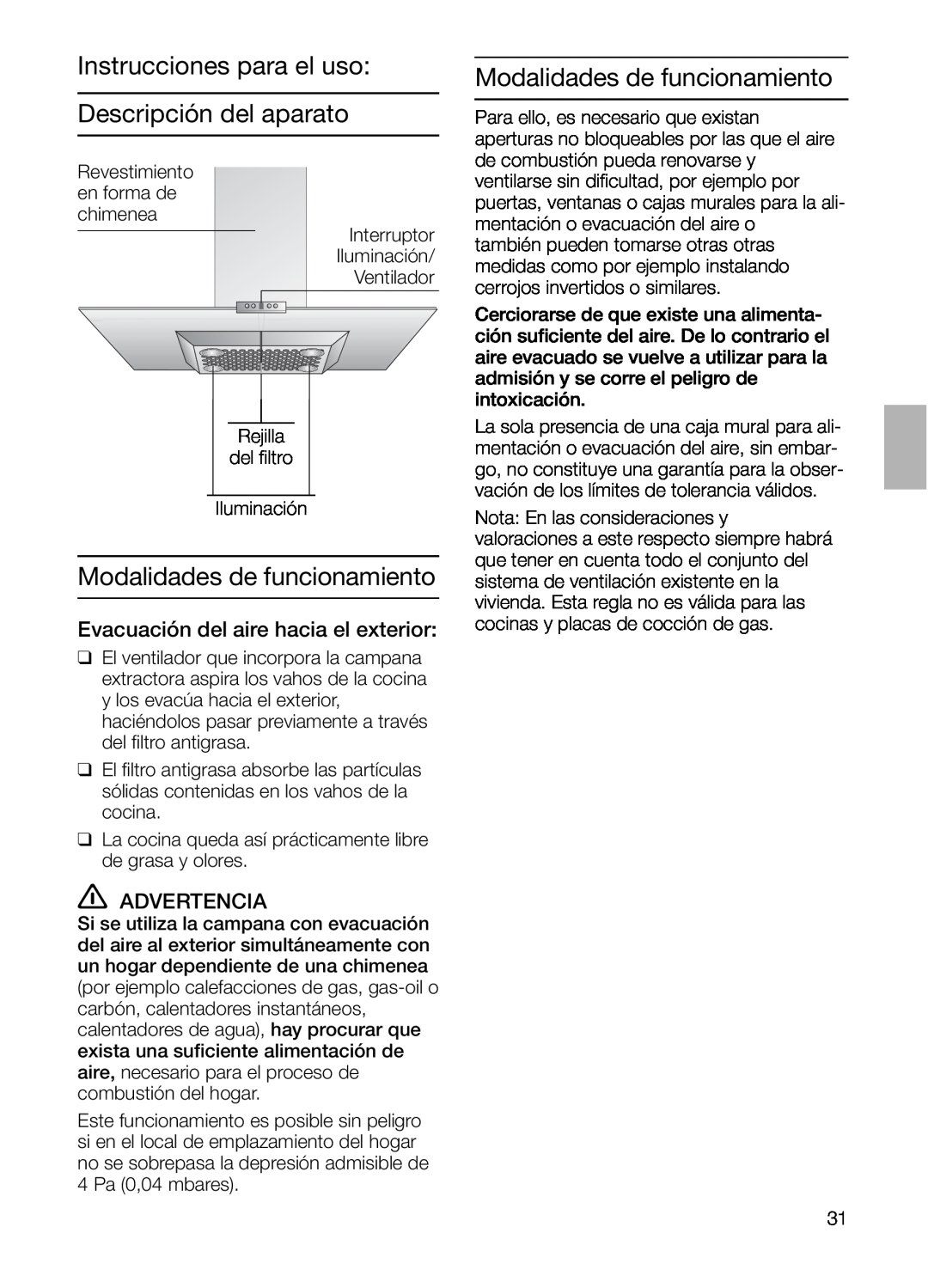 Bosch Appliances DIE 165 R Instrucciones para el uso Descripción del aparato, Modalidades de funcionamiento, Advertencia 