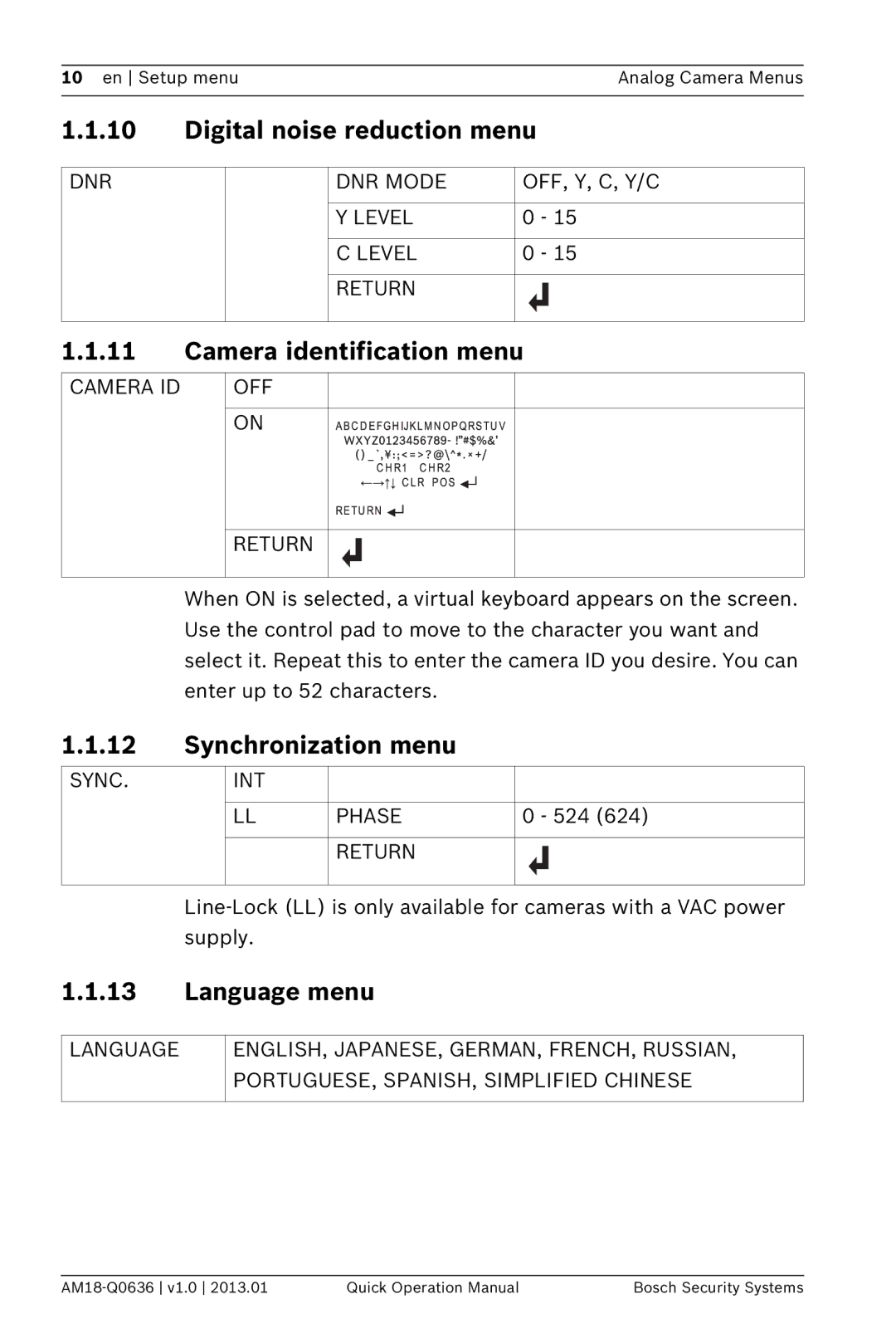 Bosch Appliances DINION 4000 AN manual Digital noise reduction menu, Camera identification menu, Synchronization menu 