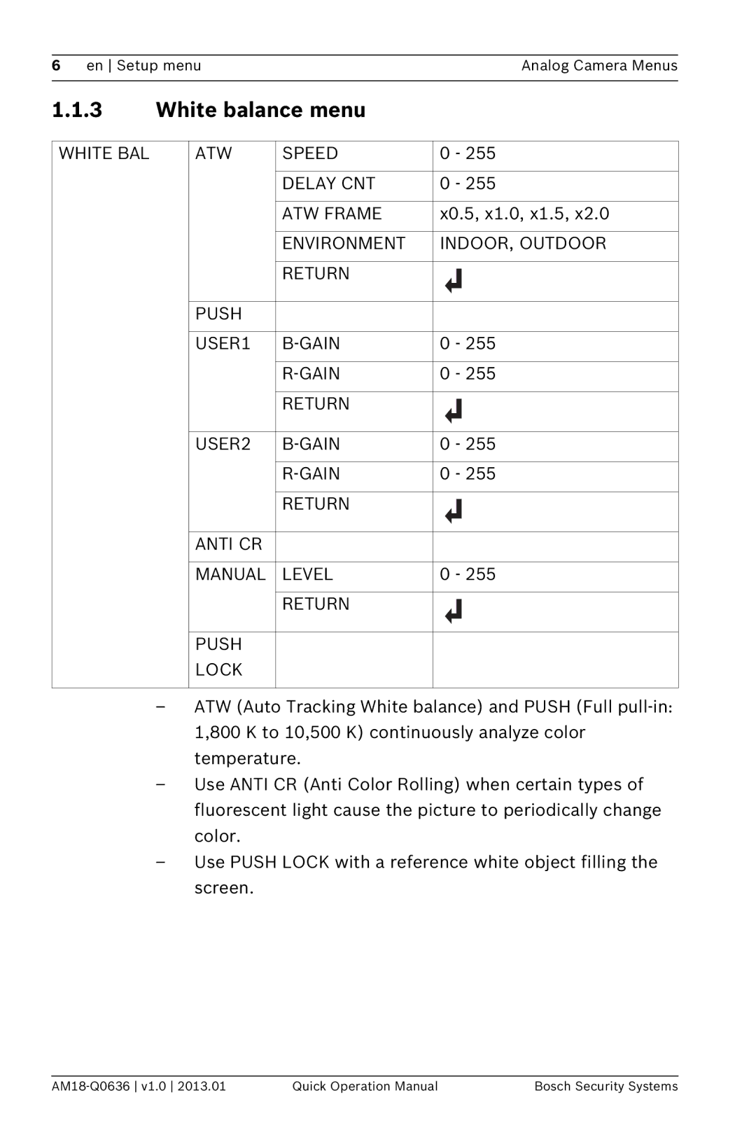 Bosch Appliances DINION 4000 AN manual White balance menu, White BAL ATW Speed Delay CNT ATW Frame 