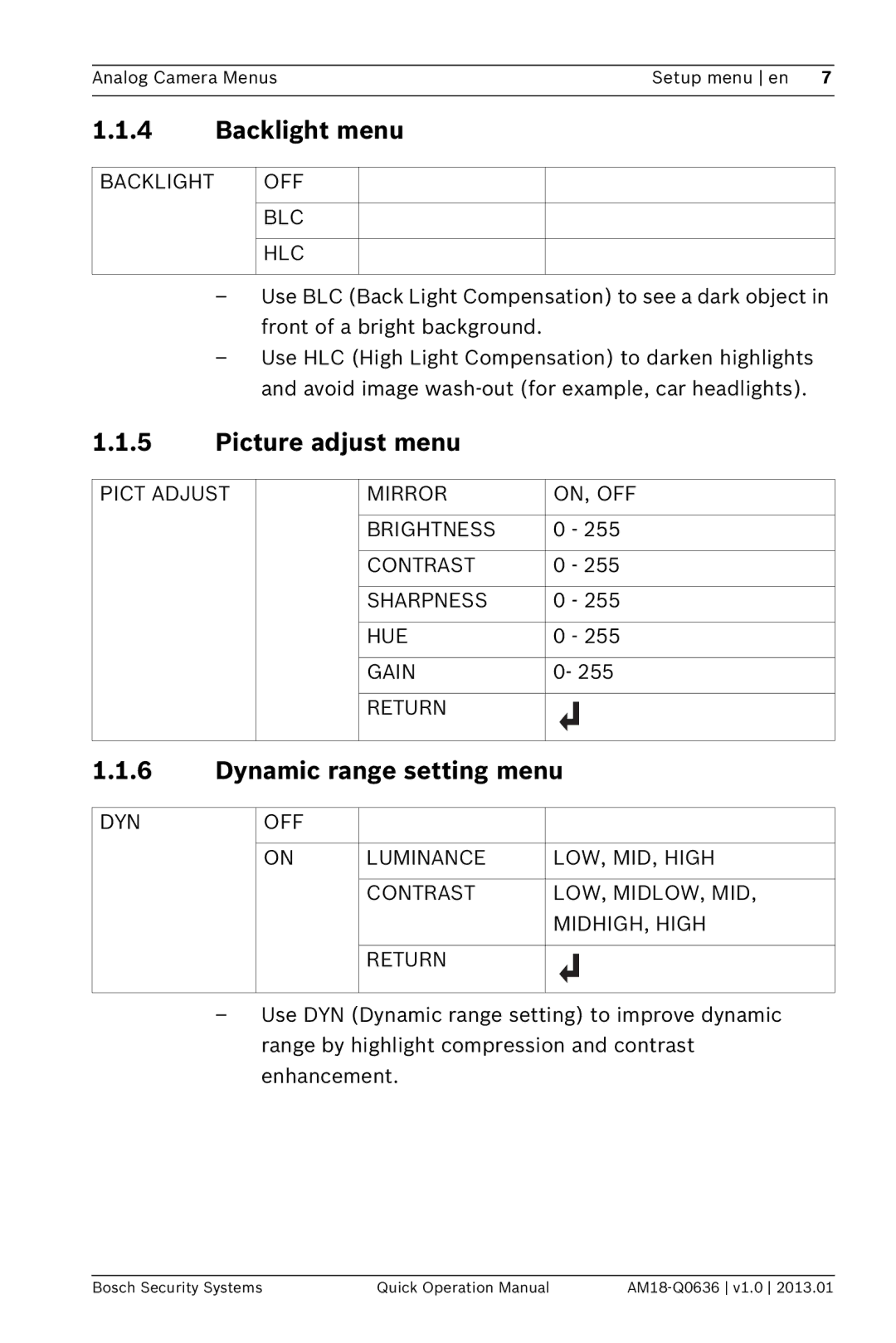 Bosch Appliances DINION 4000 AN Backlight menu, Picture adjust menu, Dynamic range setting menu, Backlight OFF BLC HLC 