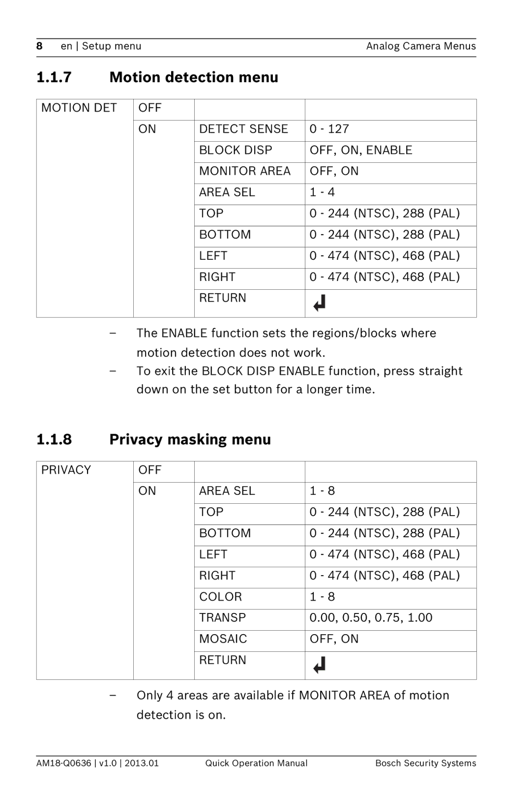 Bosch Appliances DINION 4000 AN manual Motion detection menu, Privacy masking menu 