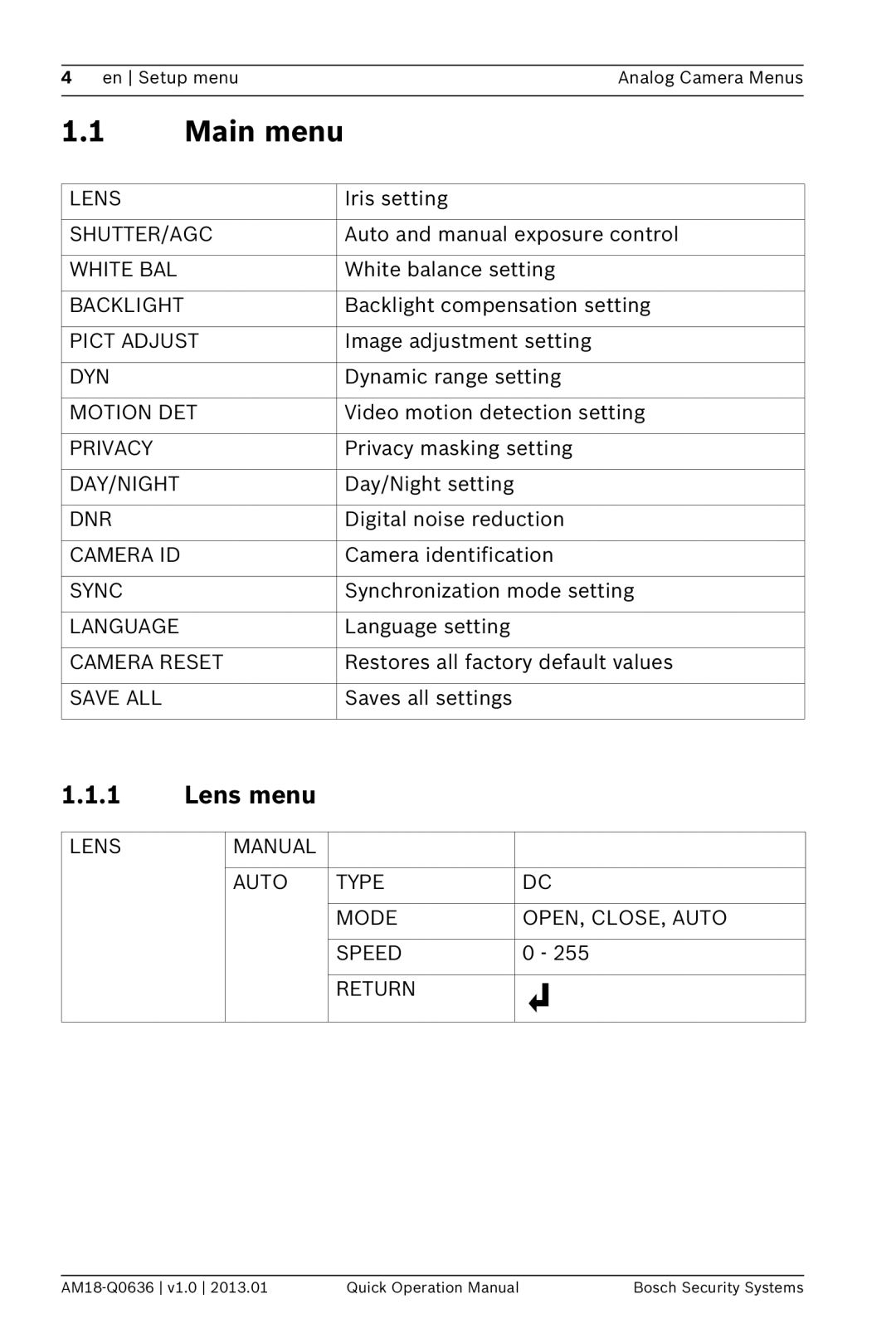 Bosch Appliances DINION 4000 AN manual 1.1.1Lens menu, 1.1Main menu 