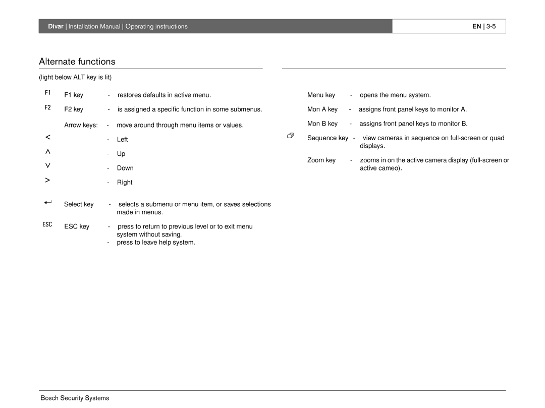 Bosch Appliances Divar -Digital Versatile Recorder installation instructions Alternate functions 