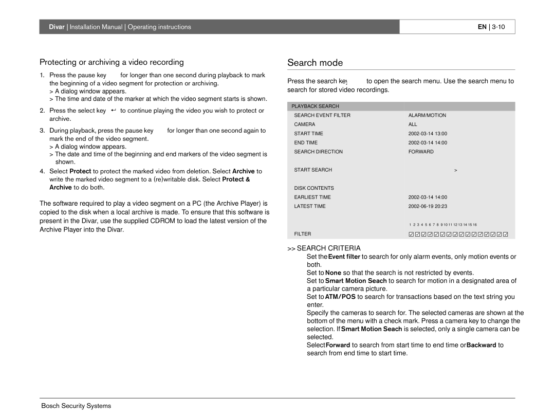 Bosch Appliances Divar -Digital Versatile Recorder Search mode, Protecting or archiving a video recording 