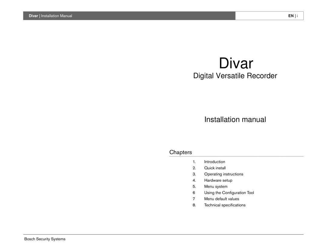 Bosch Appliances Divar -Digital Versatile Recorder Digital Versatile Recorder Installation manual, Chapters 