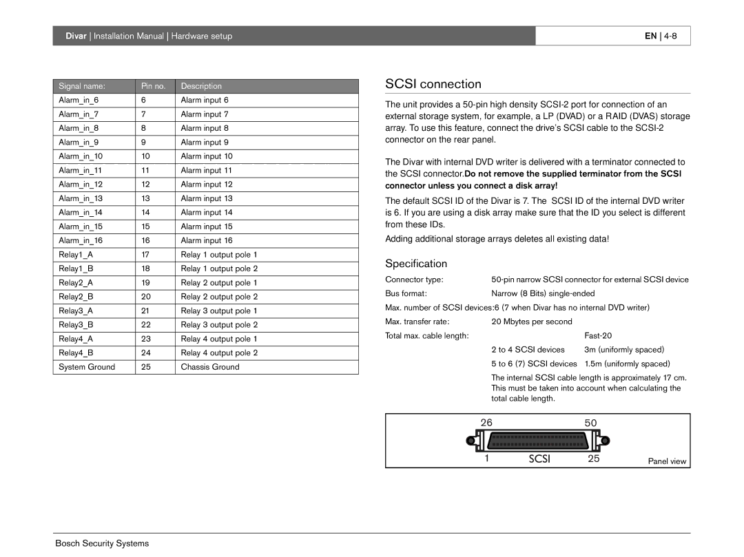 Bosch Appliances Divar -Digital Versatile Recorder Scsi connection, Connector unless you connect a disk array 