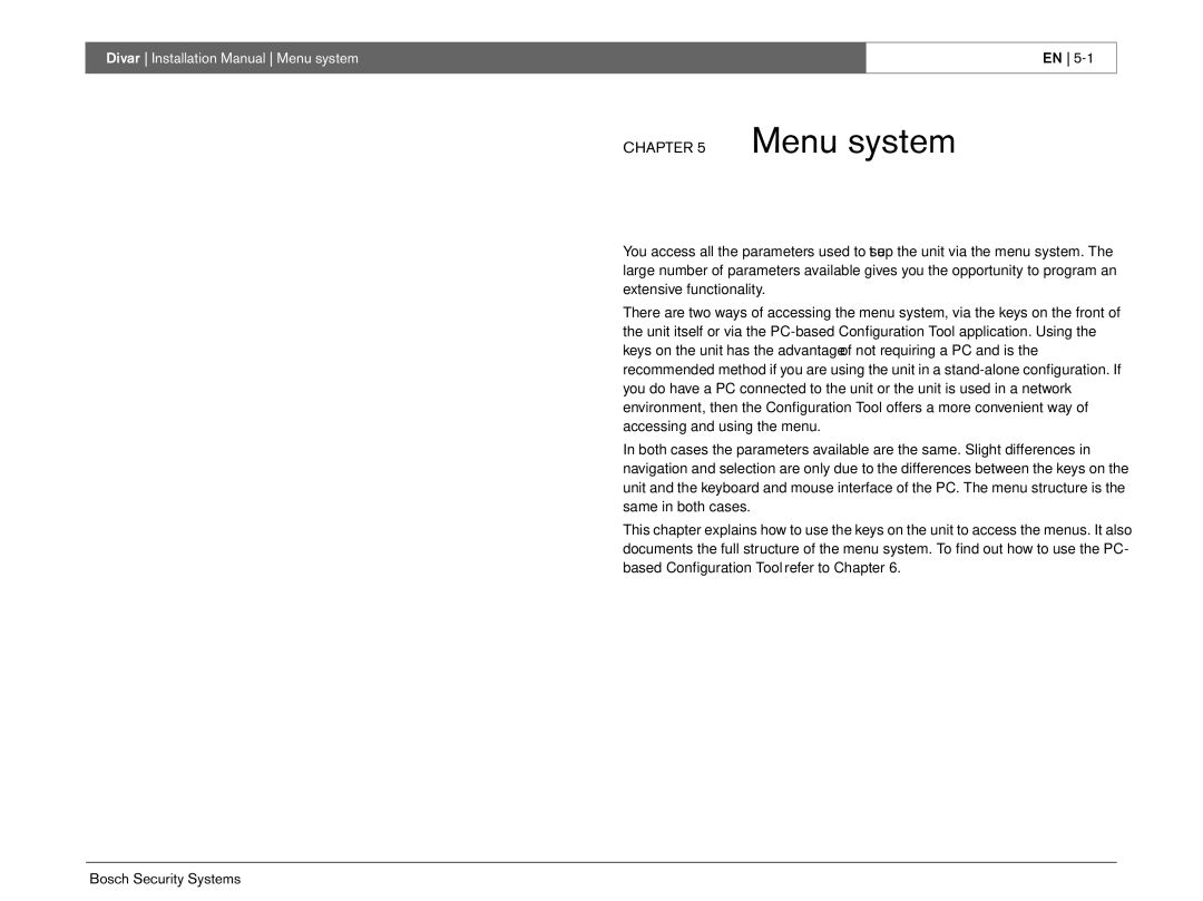 Bosch Appliances Divar -Digital Versatile Recorder installation instructions Menu system 