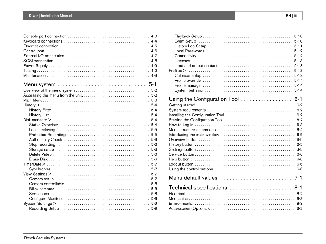 Bosch Appliances Divar -Digital Versatile Recorder Using the Configuration Tool, Menu default values 