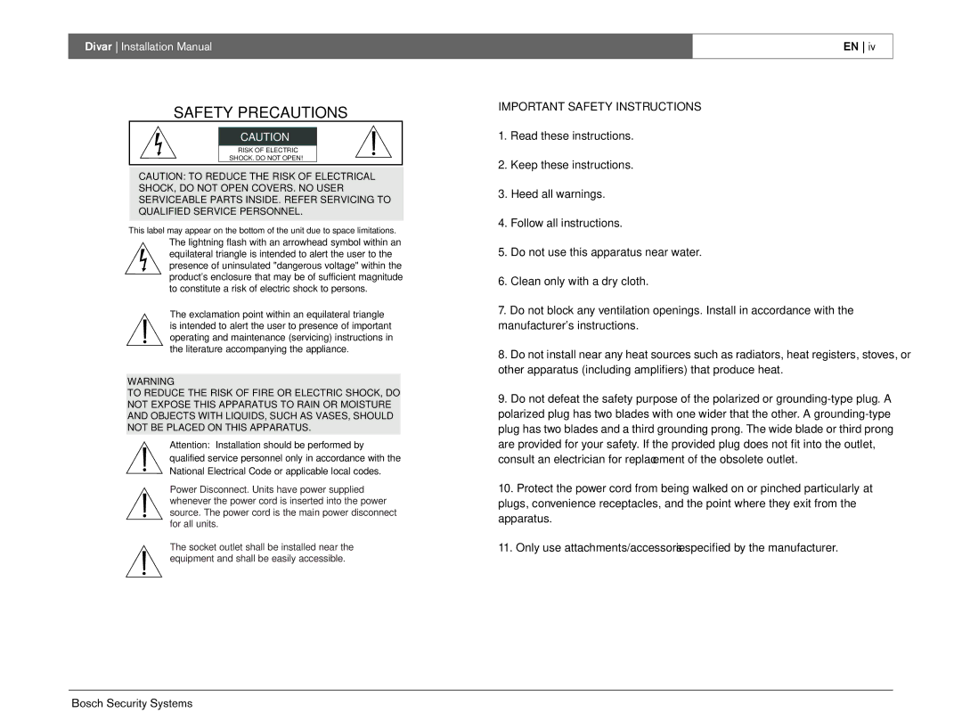 Bosch Appliances Divar -Digital Versatile Recorder installation instructions Safety Precautions 