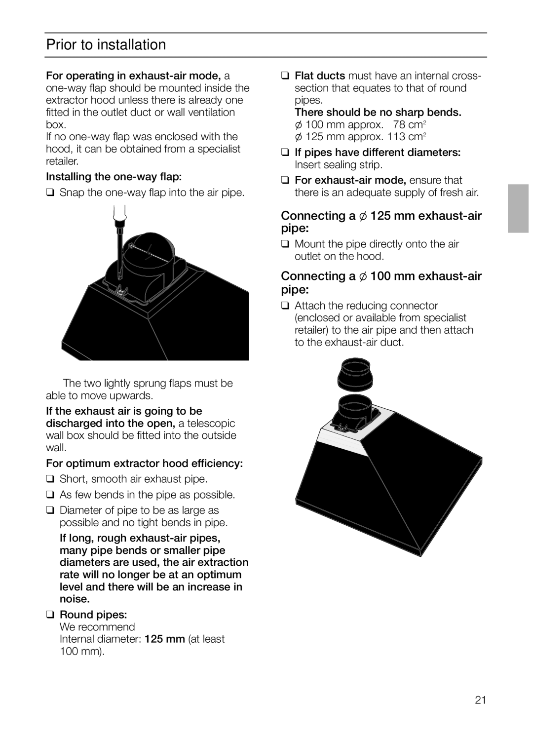 Bosch Appliances DKE 63, DKE 73 Connecting a l 125 mm exhaust-air pipe, Connecting a l 100 mm exhaust-air pipe 