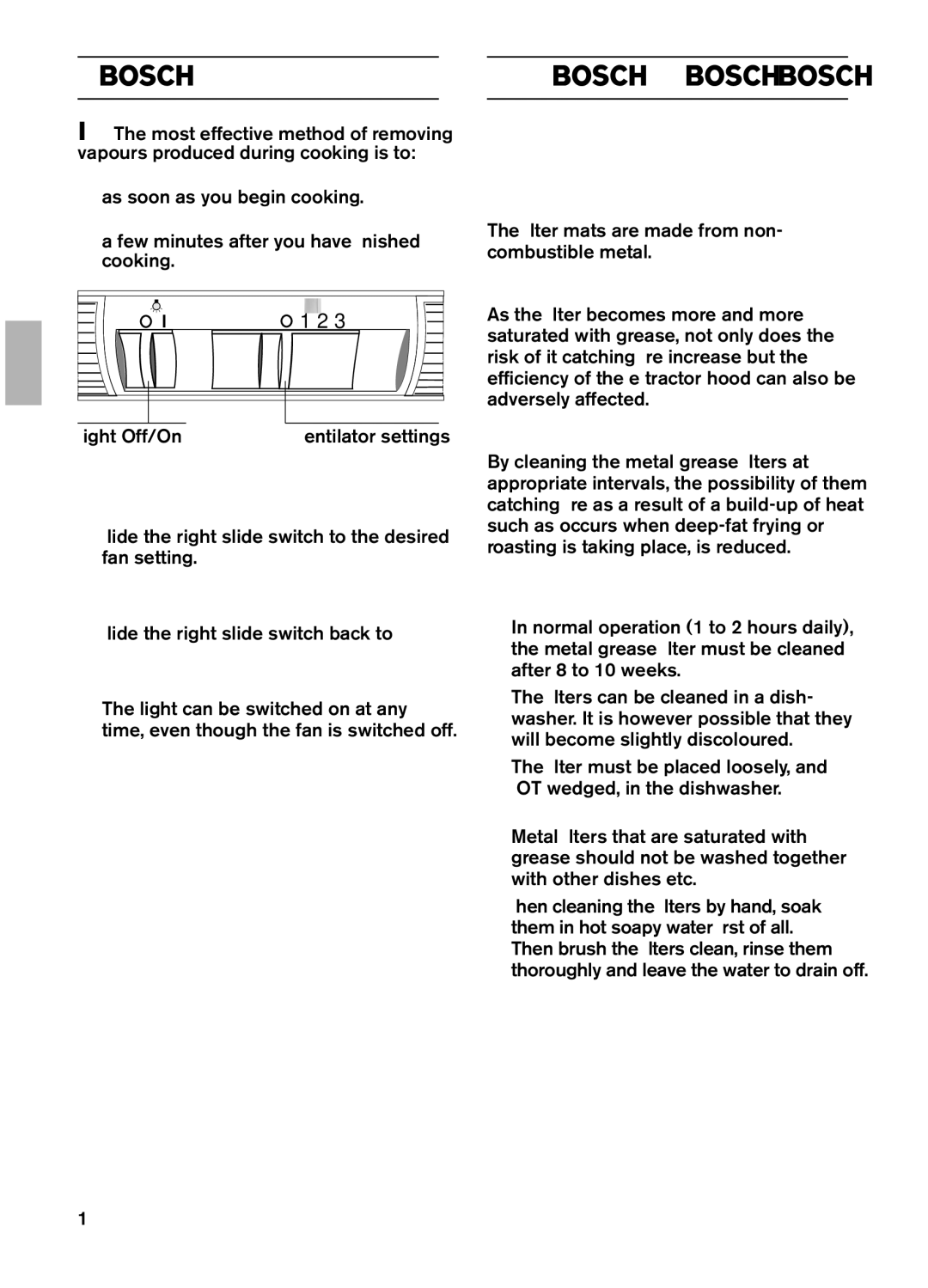 Bosch Appliances DKE 73, DKE 63 installation instructions Operating procedure, Filters and maintenance, Grease ﬁlters 