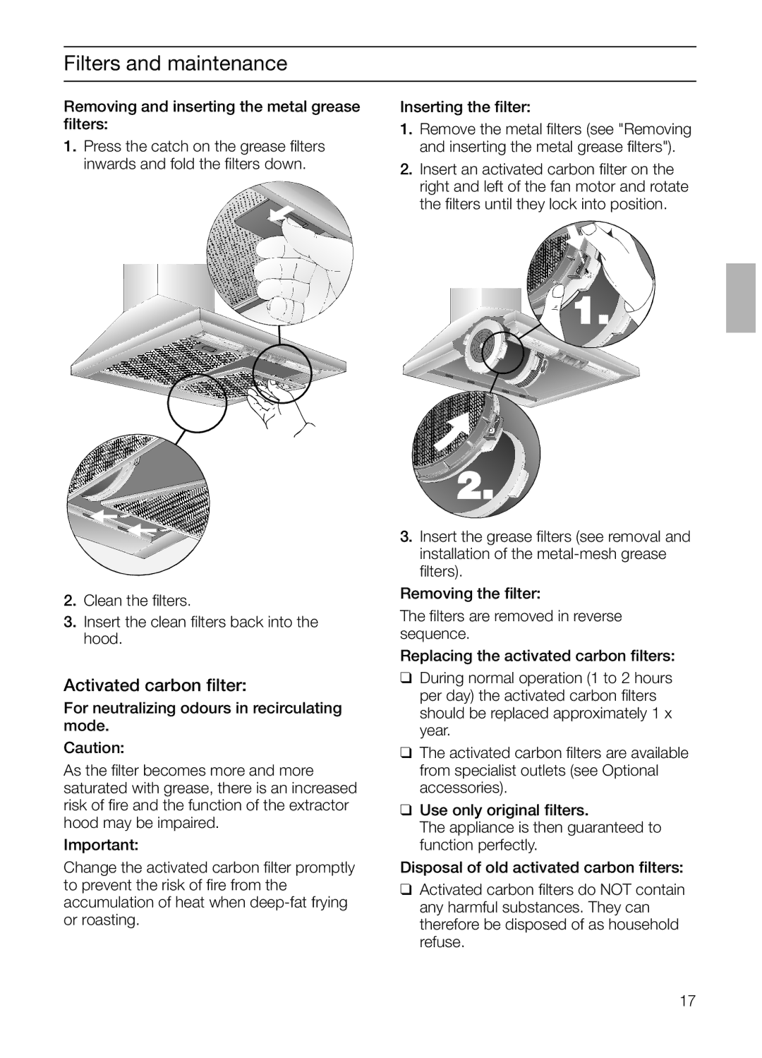 Bosch Appliances DKE 63, DKE 73 installation instructions Activated carbon ﬁlter, Inserting the ﬁlter 