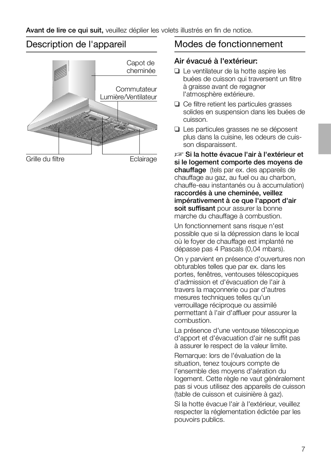 Bosch Appliances DKE 93 manual Description de lappareil, Modes de fonctionnement, Air évacué à lextérieur 
