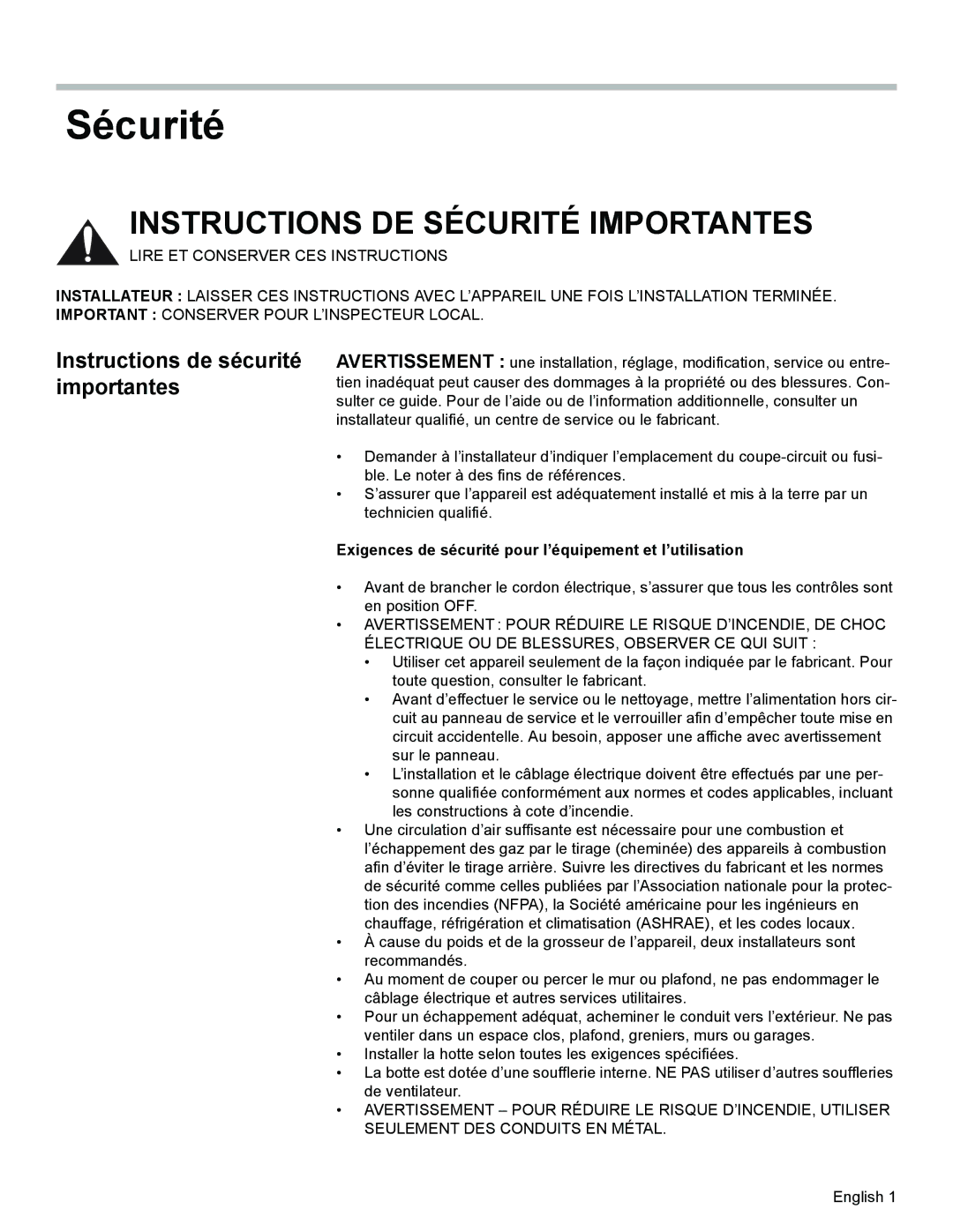 Bosch Appliances DKE94 installation manual Sécurité, Instructions de sécurité importantes 