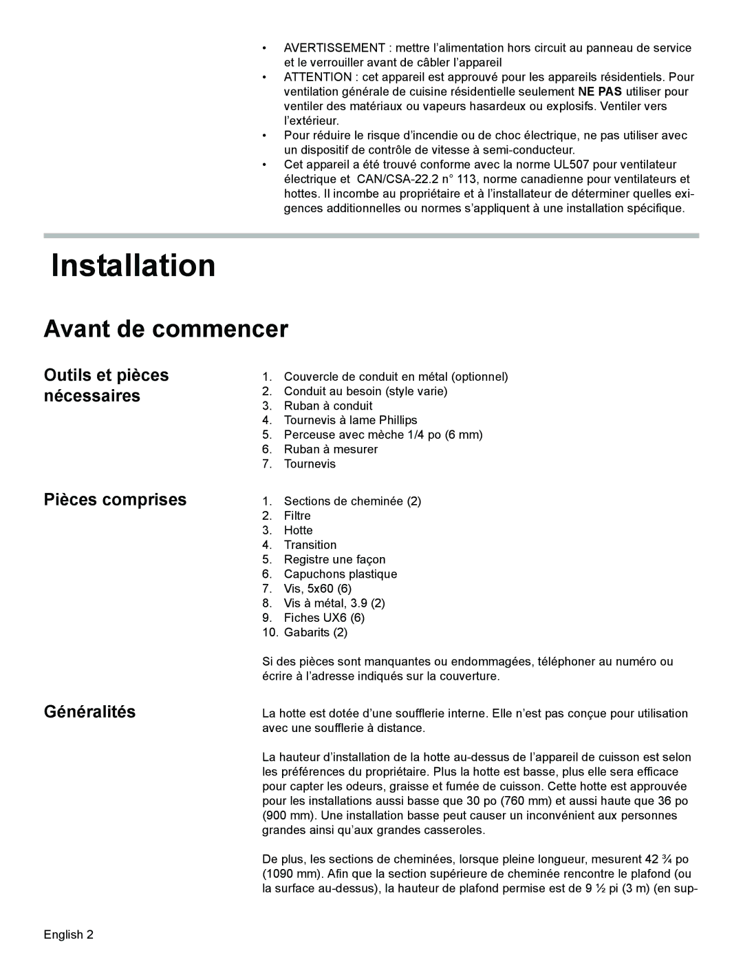 Bosch Appliances DKE94 installation manual Avant de commencer, Outils et pièces nécessaires Pièces comprises Généralités 