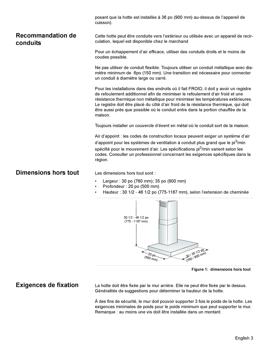 Bosch Appliances DKE94 installation manual Recommandation de conduits Dimensions hors tout, Exigences de fixation 