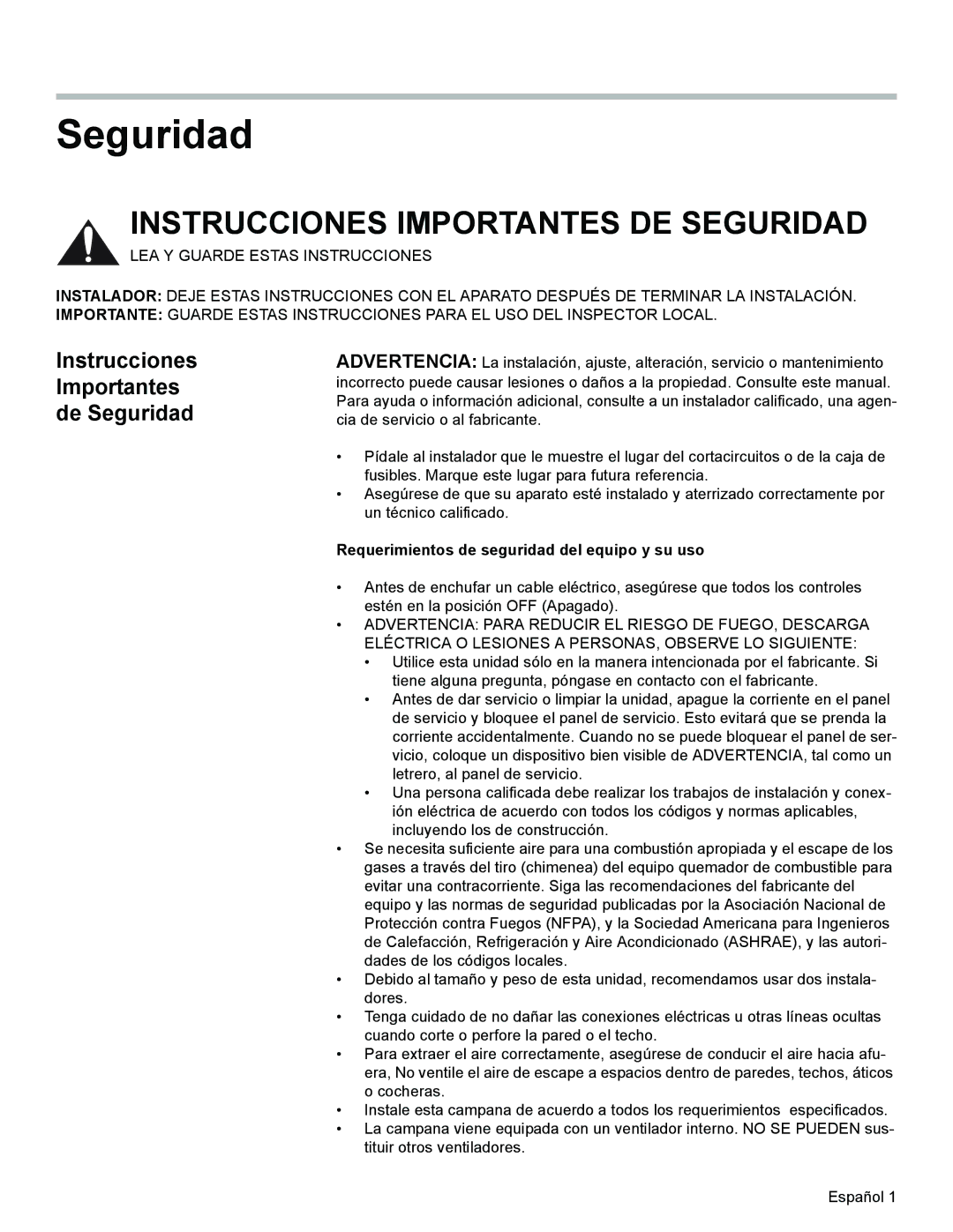 Bosch Appliances DKE94 installation manual Seguridad, Requerimientos de seguridad del equipo y su uso 