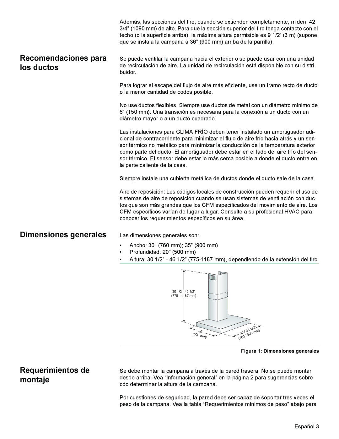 Bosch Appliances DKE94 installation manual Recomendaciones para los ductos Dimensiones generales, Requerimientos de montaje 