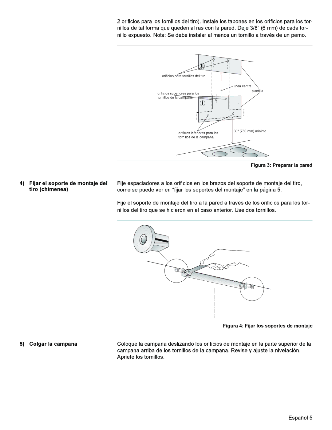 Bosch Appliances DKE94 installation manual Fijar el soporte de montaje del tiro chimenea, Colgar la campana 