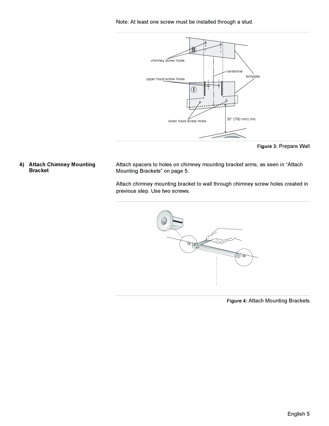 Bosch Appliances DKE94 installation manual Attach Chimney Mounting Bracket, Attach Mounting Brackets English 