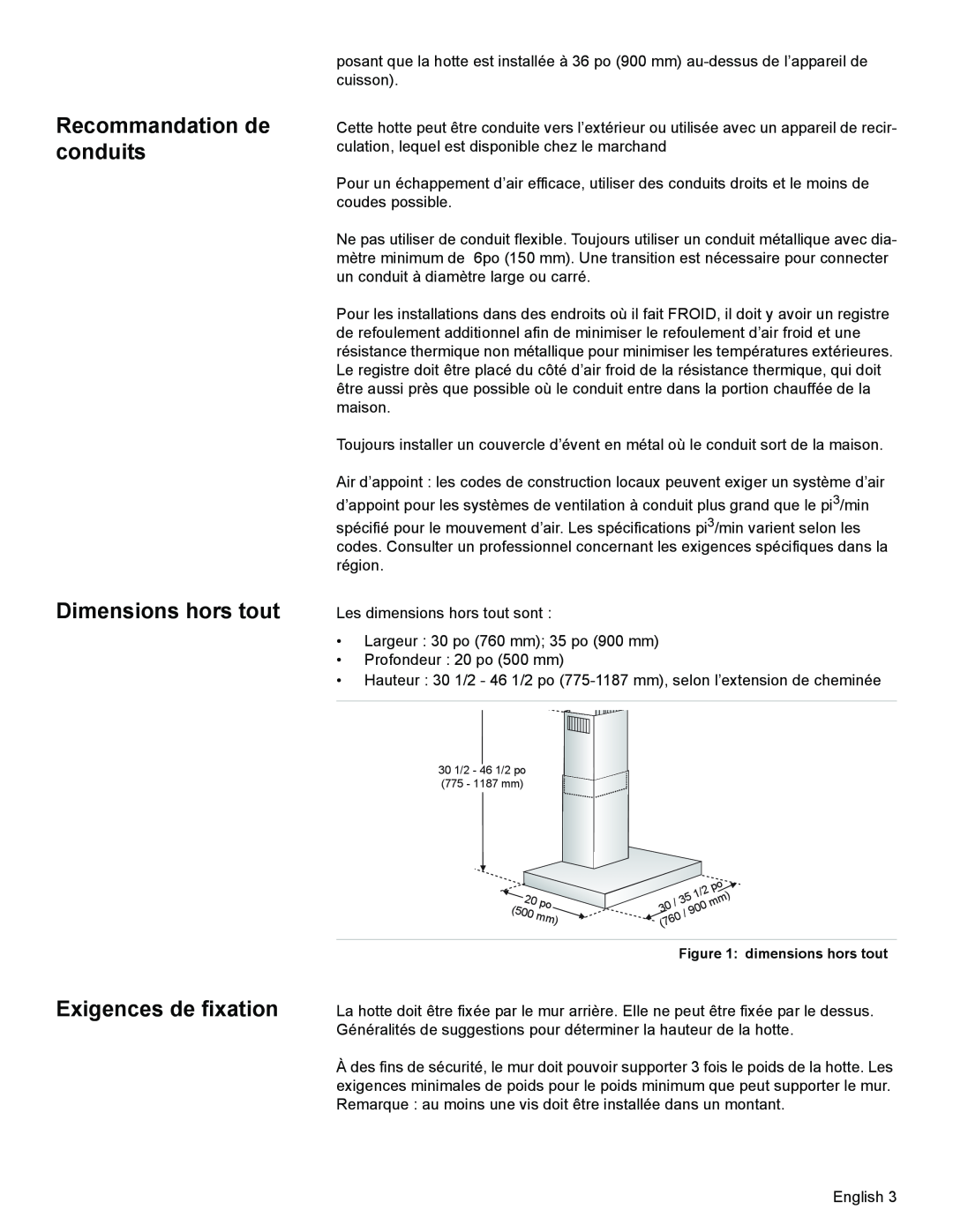Bosch Appliances DKE94 Recommandation de conduits Dimensions hors tout, Exigences de fixation, dimensions hors tout 