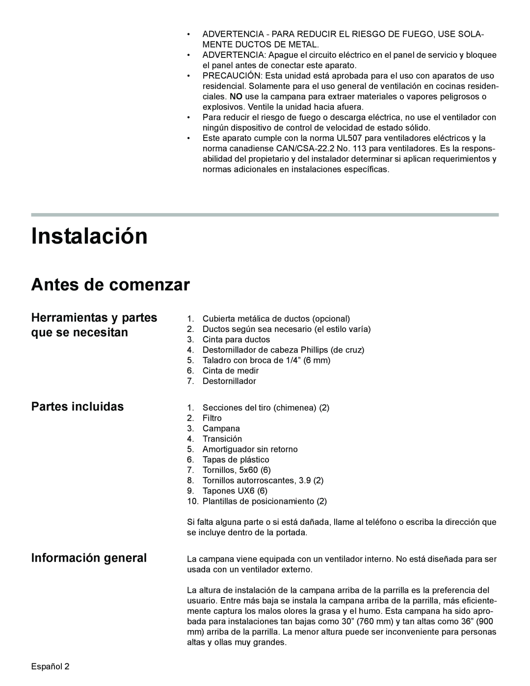 Bosch Appliances DKE94 installation manual Instalación, Antes de comenzar, Partes incluidas Información general 