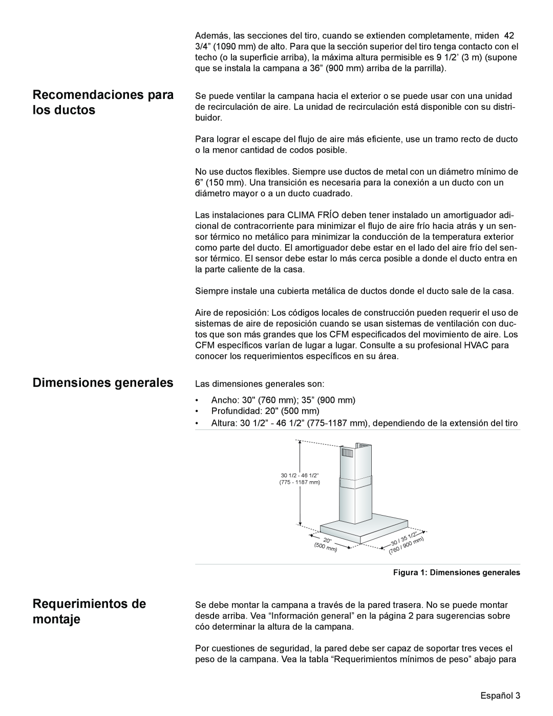 Bosch Appliances DKE94 installation manual Recomendaciones para los ductos Dimensiones generales, Requerimientos de montaje 