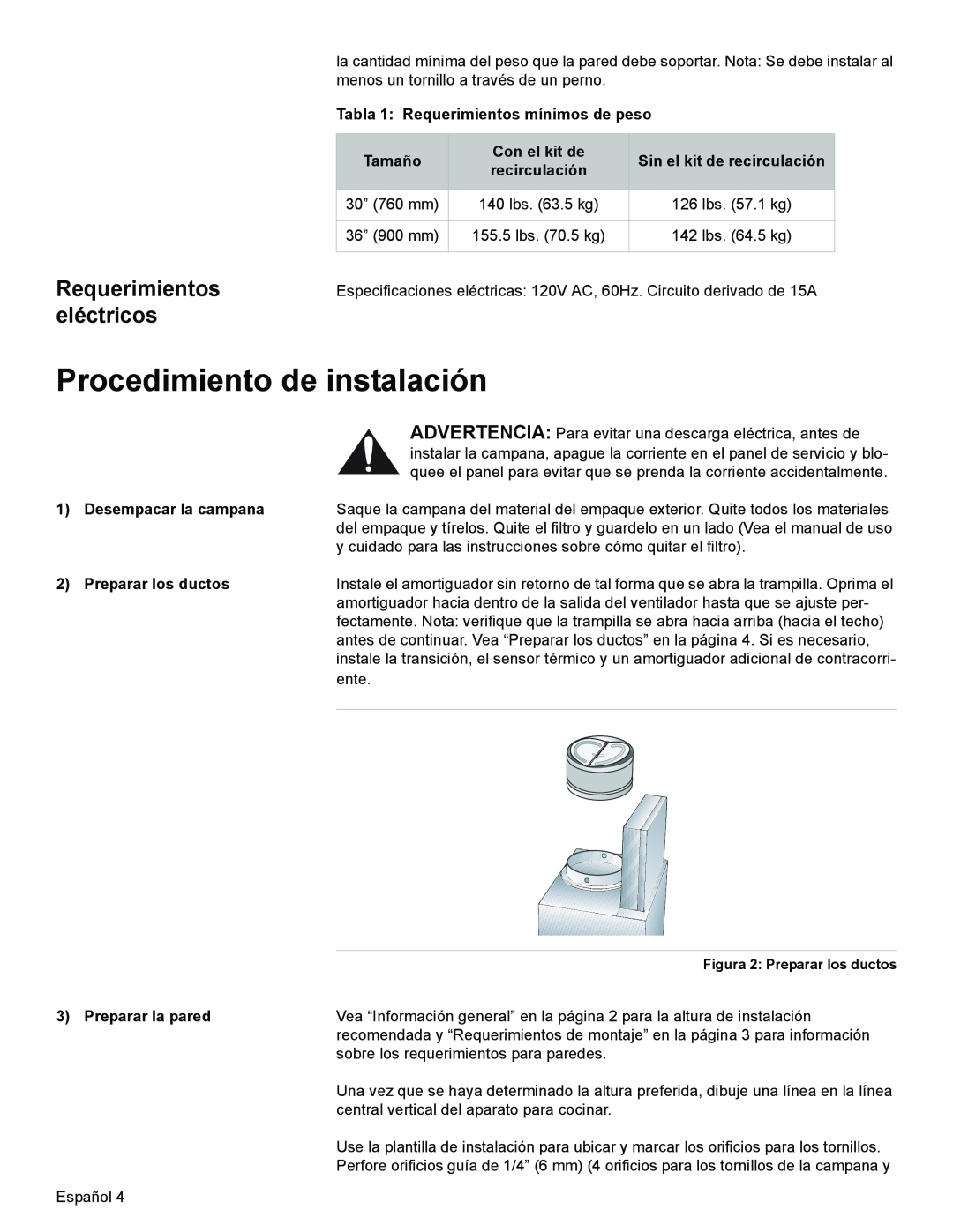 Bosch Appliances DKE94 Procedimiento de instalación, Requerimientos eléctricos, Tabla 1 Requerimientos mínimos de peso 