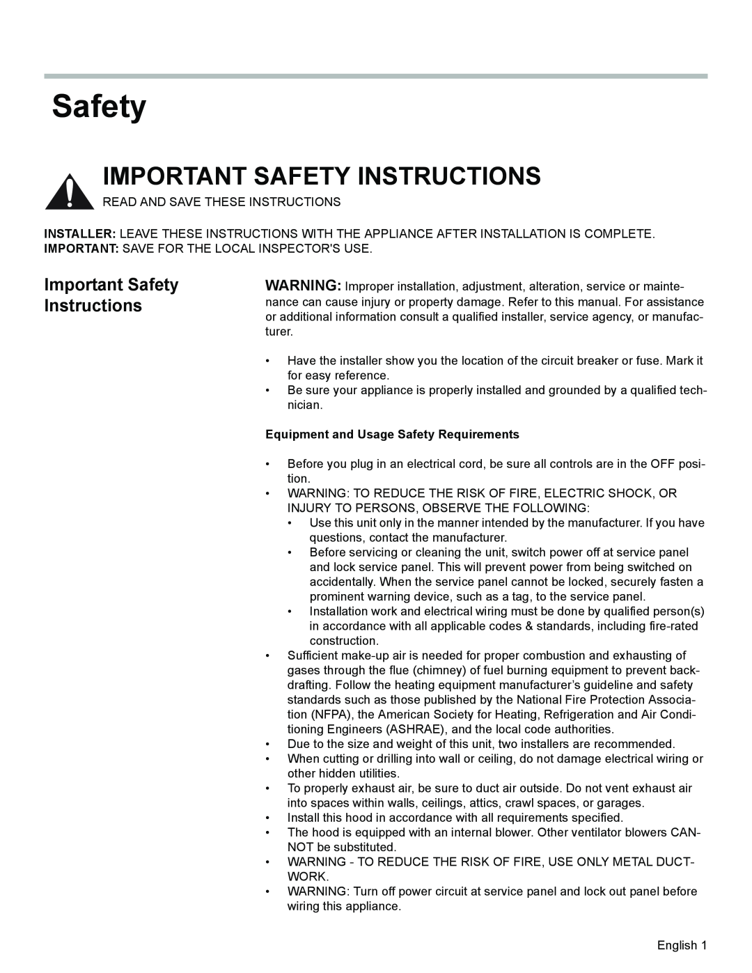 Bosch Appliances DKE94 installation manual Important Safety Instructions, Equipment and Usage Safety Requirements 