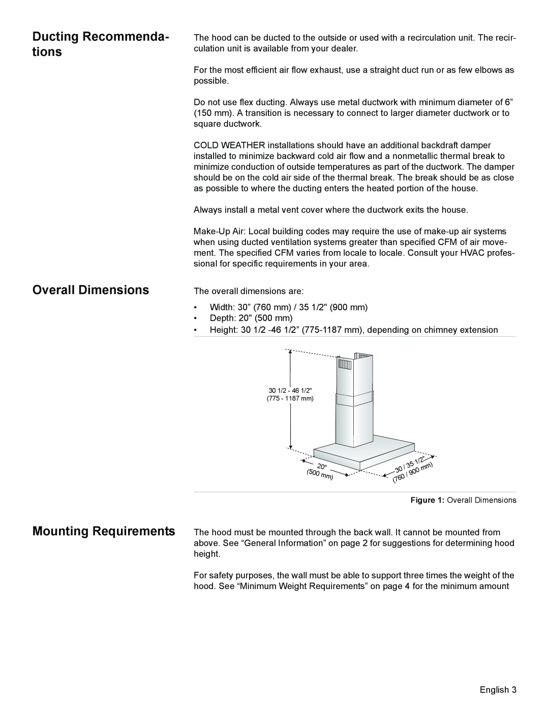 Bosch Appliances DKE94 installation manual Ducting Recommenda- tions Overall Dimensions 